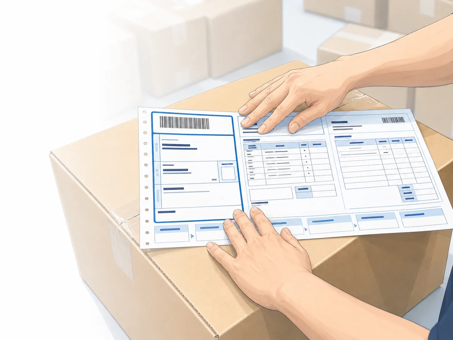 段ボール箱の上で一体型伝票を扱う出荷作業シーン